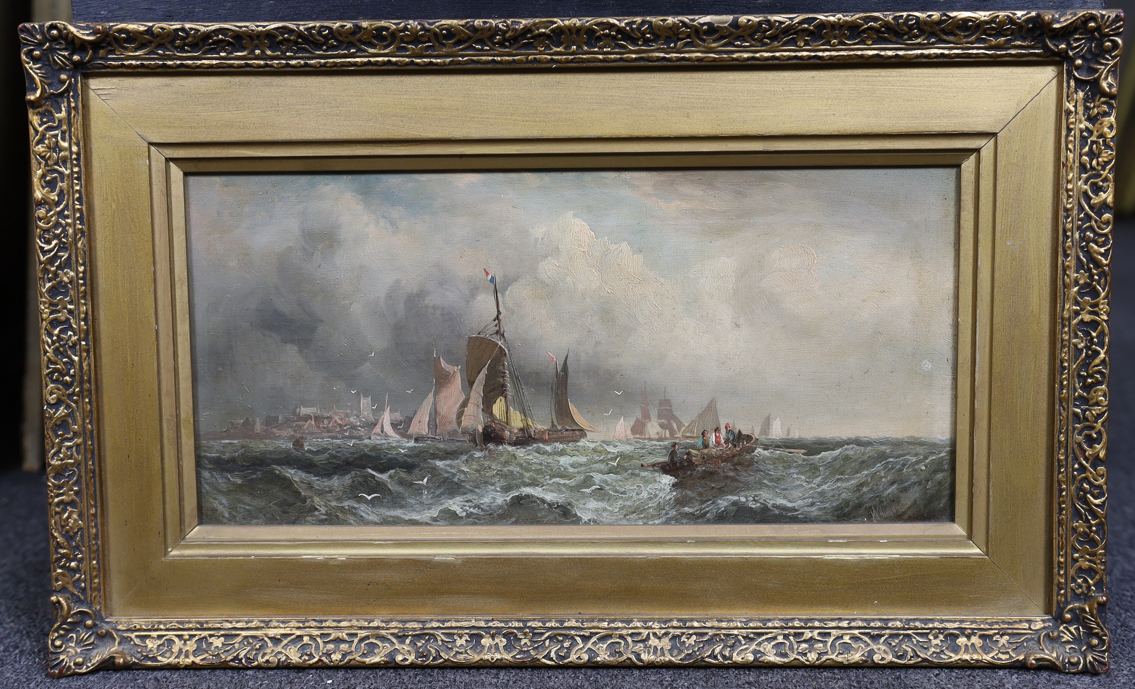 William Thornley (English, 1857-1935), Shipping off the coast, oil on canvas, 18.5 x 39cm